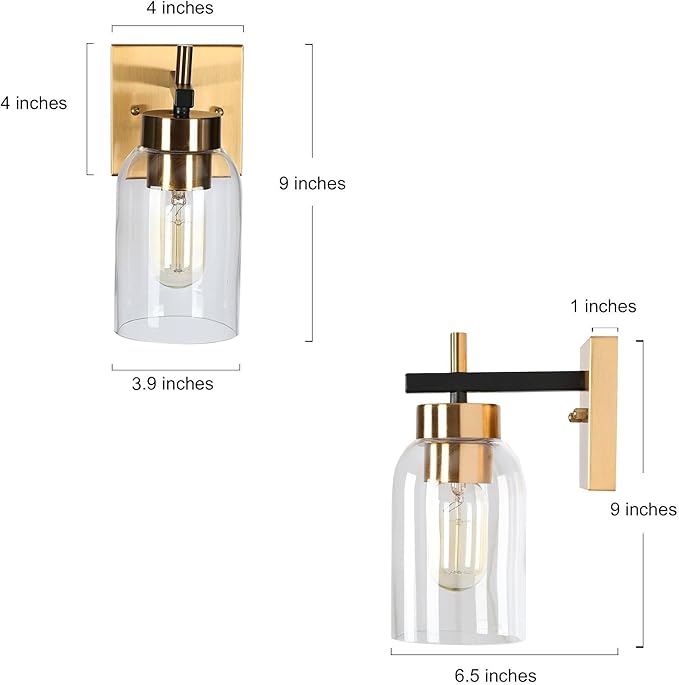 Black Gold Wall Sconce, Modern Brass Sconce Wall Lighting with Clear Glass Shade for Bathroom, Hallway, Kitchen, and Bedroom