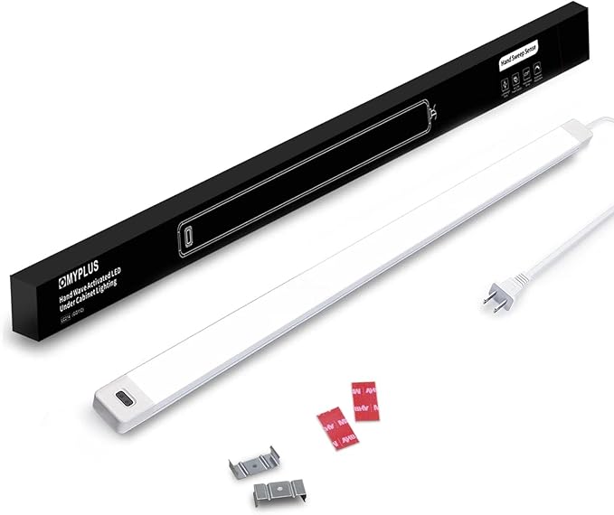 MYPLUS 24 Inch Under Cabinet Lights with Hand Wave, Under Counter Lighting 5000K Cold White,Dimmable,Plug and Play,LED Lights for Kitchen Cabinet, Cupboard, Closet, Desk