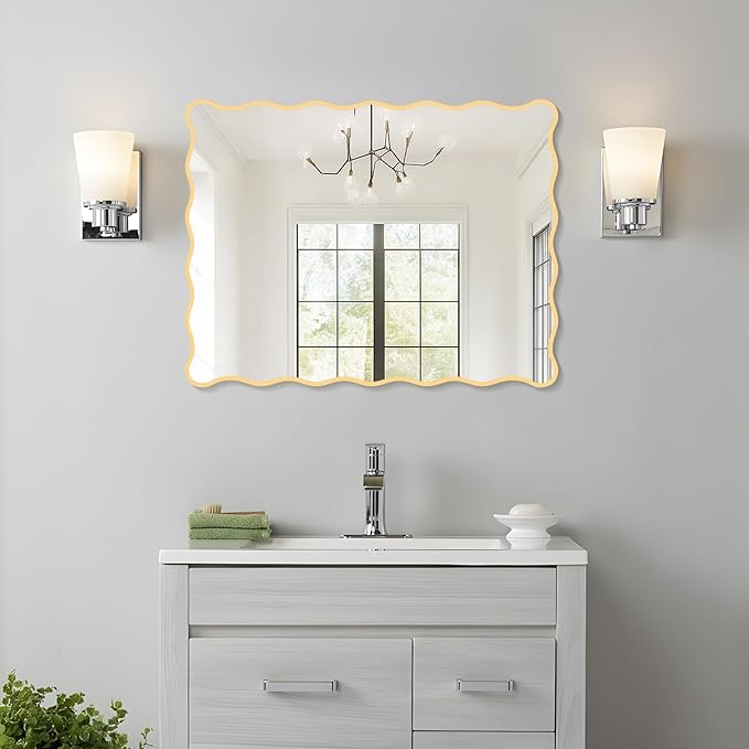 Gold Wavy Mirror Whit Wood Frame, 18" x 24" Small Rectangle Boho Mirror for Nursery Wall Decor, Bathroom Vanity, Bedroom, Living Room, Entryway