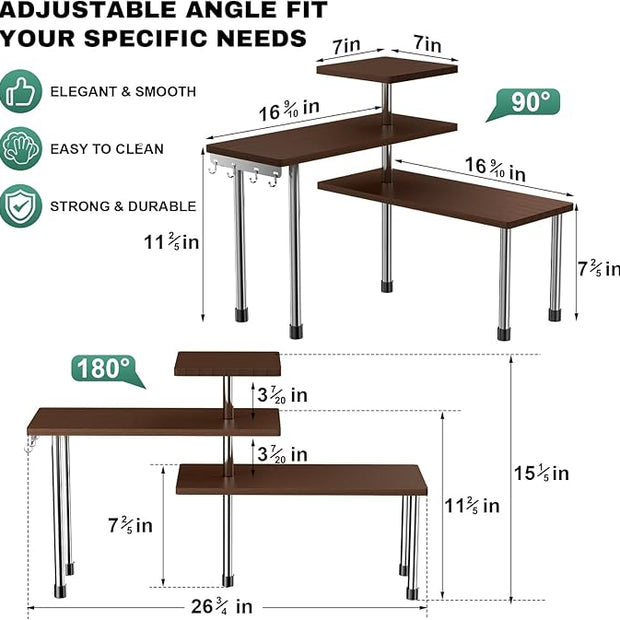 ZHWS Bathroom Counter Organizer for MakeUps, Dresser Table, Kitchen Countertop Organizer Adjustable 3 Tier Corner Shelf with 4 Metal Hooks for Coffee Bar, Spice Rack, Over Sink