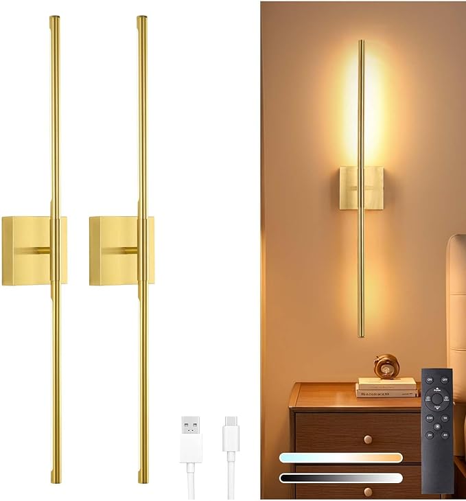 Battery Operated Wall Sconce Set of 2, 10400mAh Rechargeable Wall Sconces, 3000K-6000K Dimmable, 350°Rotate, Indoor Wall Lights for Bedroom Living Room Bathroom, Gold, 31.5 Inch