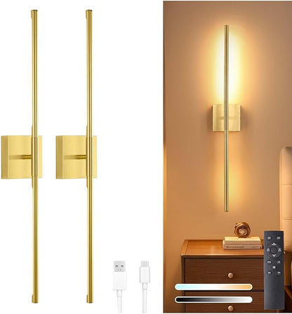 Battery Operated Wall Sconce Set of 2, 10400mAh Rechargeable Wall Sconces, 3000K-6000K Dimmable, 350°Rotate, Indoor Wall Lights for Bedroom Living Room Bathroom, Gold, 31.5 Inch