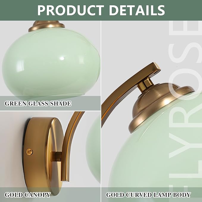 Green Glass Kitchen Sconce Light Brushed Gold Bathroom Vanity Light Vintage Hardwired Wall Sconce Set of 2 Mid Century Modern Wall Lighting