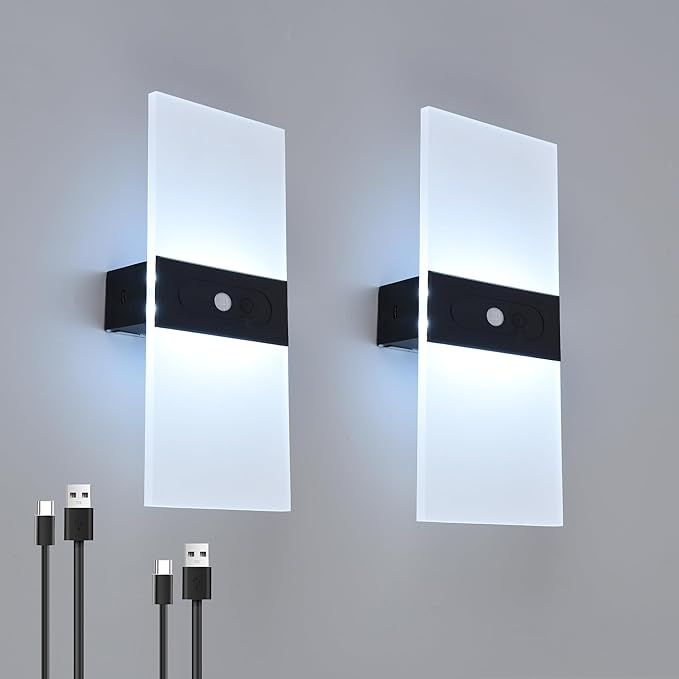 LED Wall Sconces 2Pack,2200mah Battery Operated Magnetic Wireless Wall Lamp, Motion Sensor Modern dimmable Wall Light with Button Switch for Bedroom Living Room Hallway