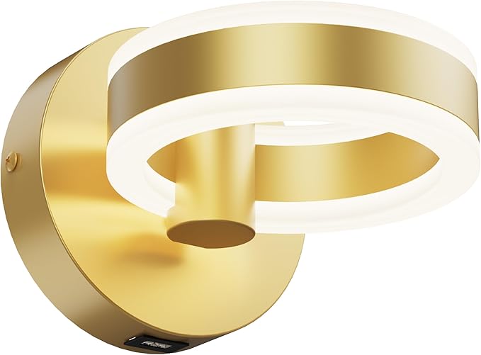 LED Wall Sconces with ON/Off Switch, Gold Rotatable Hardwired Wall Light Fixtures, Built in USB Charging Port, Modern Wall Decor for Bed Lighting.