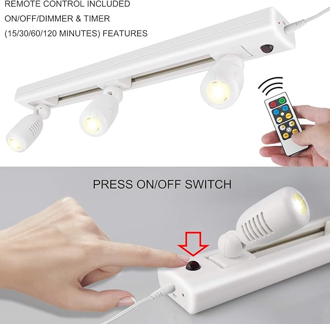 HONWELL Track Lighting LED Spotlights with 3 Rotatable Lights Heads, Under Cabinet Counter Lighting Plug in Accent Lights Remote Controlled Ceiling Track Light for Wall Picture Artwork Display