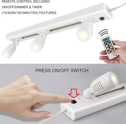 HONWELL Track Lighting LED Spotlights with 3 Rotatable Lights Heads, Under Cabinet Counter Lighting Plug in Accent Lights Remote Controlled Ceiling Track Light for Wall Picture Artwork Display