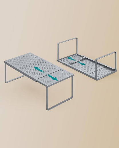 SONGMICS Spice Racks, Set of 2 Expandable Kitchen Countertop Shelves, Small Cupboard Organizers, Metal, Space-Saving Tabletop Shelves, Silver UKCS402FG01