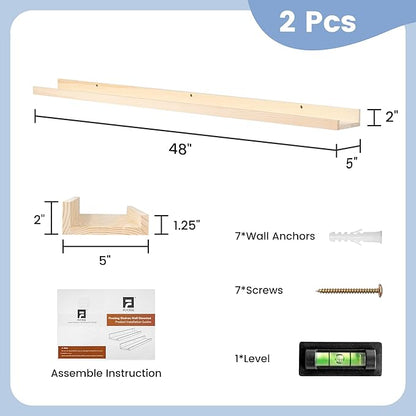 Picture Ledge Shelf, Floating Shelves Set of 2, Solid Ash Wood 48'' Long Large Nursery Book Shelves for Toys Storage, Kids Bookshelf for Living Room Bedroom Decor Books Photo Frames, Natural