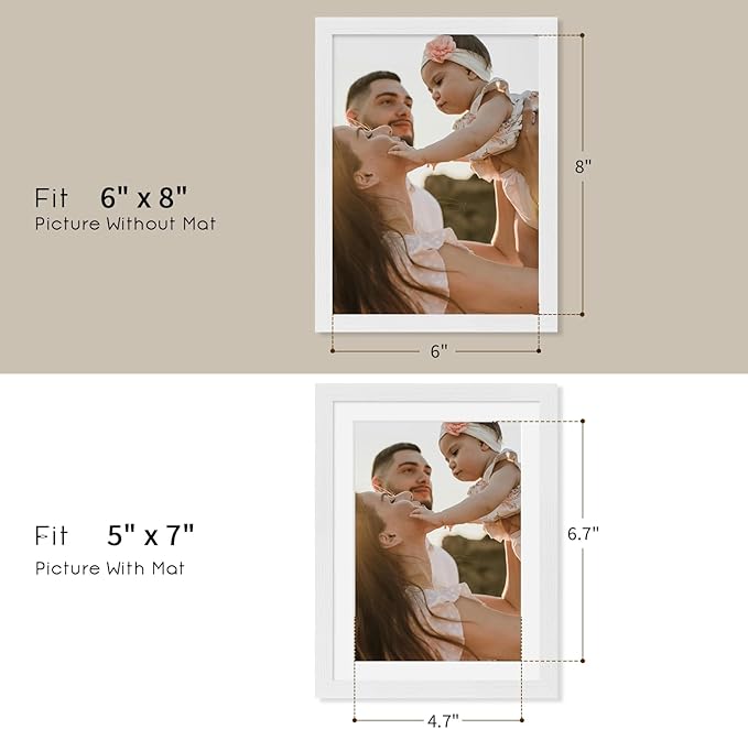 puthiac 6x8 Solid Oak Wood Picture Frame, Fits 5x7 with Mat or 6x8 Without Mat, Wall or Tabletop Display with Stand, Vertical or Horizontal, Plexi Front, 1 Pack, White