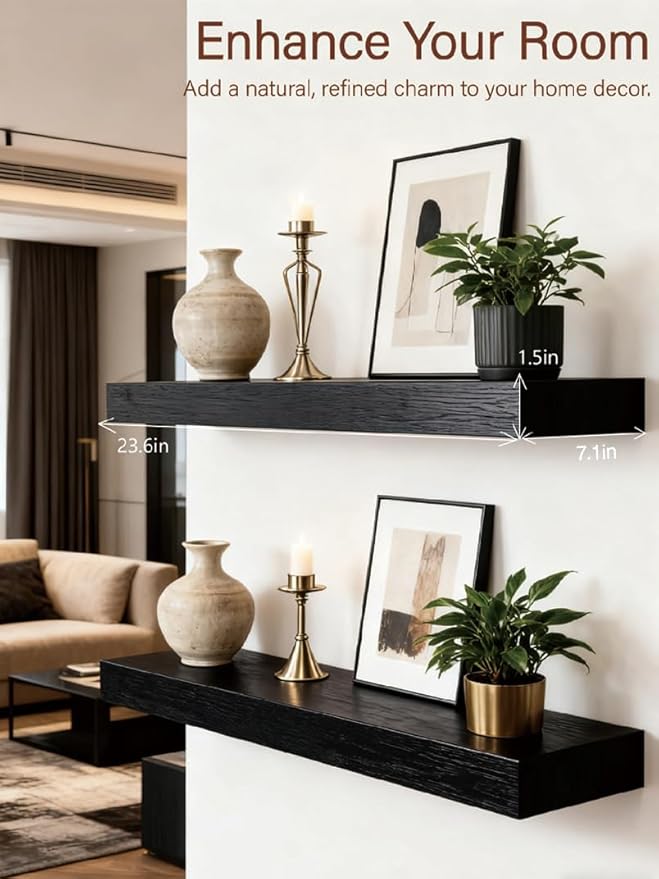 Solid Wood Floating Shelves,23.6in Finished Real Wood Wall Shelves with Heavy-Duty Hidden Bracket, Easy Installation, Set of 2, 23.6in x 7.1in x 1.5in, for Living Room Bedroom Kitchen,Black