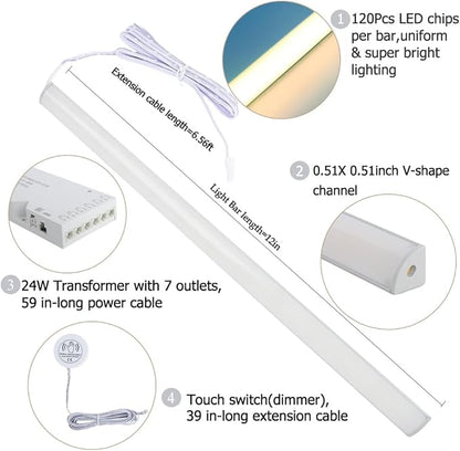 12" V-Shape Diffused LED Light Bars Kit,Aluminum Channel Lights with Touch Sensor for Under Cabinet,Gun Safe,Closet,Under Counter,Book Shelf,Display Showcase,3000K Warm White,6 Pack