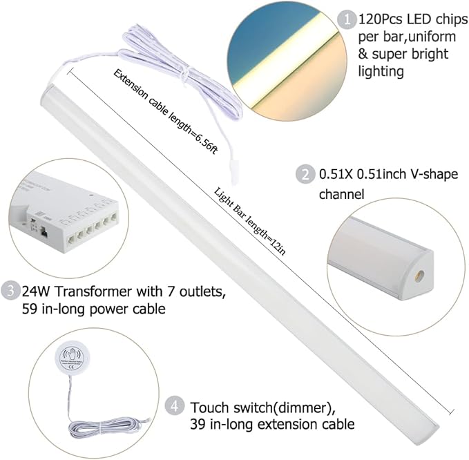 12" V-Shape Diffused LED Light Bars Kit,Aluminum Channel Lights with Touch Sensor for Under Cabinet,Gun Safe,Closet,Under Counter,Book Shelf,Display Showcase,3000K Warm White,4Pcak