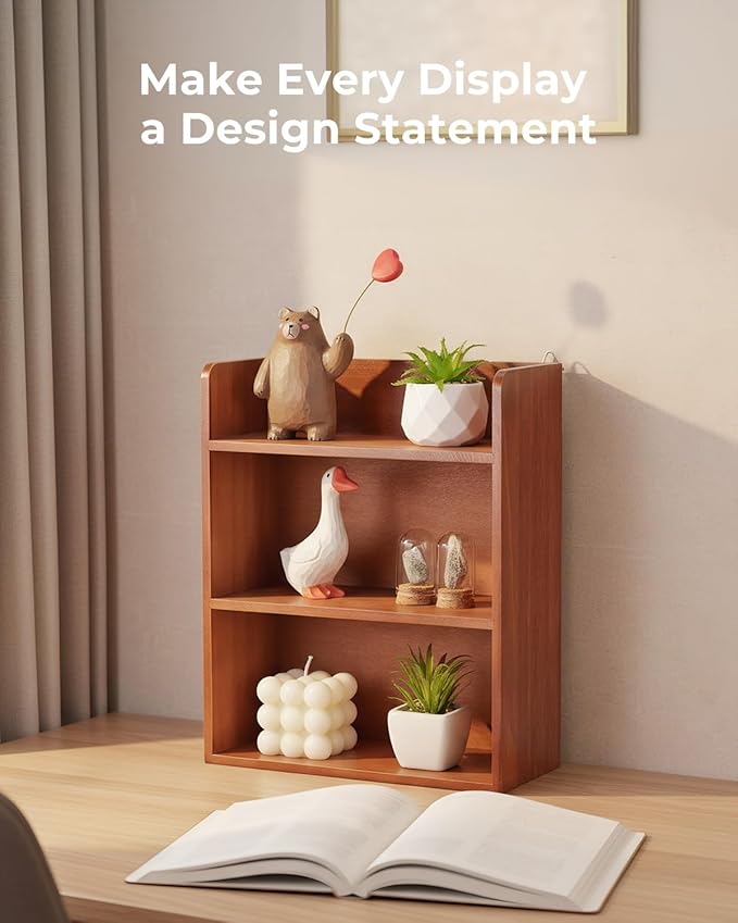 3-Tier Trinket Display Shelf for Wall or Countertop, Small Vintage Wooden Shelf for Collectibles, Perfume & Crystal Storage, Brown
