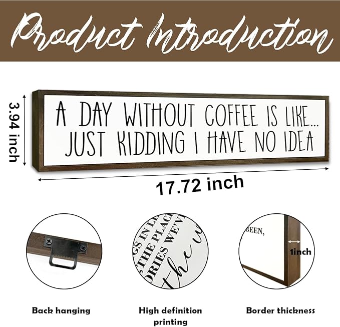 Funny Coffee Decor Sign, Decorative Wooden Signs and Plaques, Country Farmhouse Decor for Home Kitchen, Rustic Coffee Station Decors, Coffees Addict Gift, A Day without Coffees Sign, 17.8x4x1.2 inches