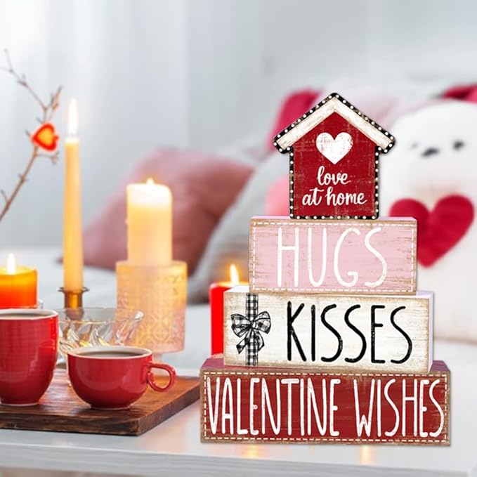 DIYDEC 4Pcs Valentine's Day Table Decoration Valentine House Wooden Block Signs Rustic Valentine Tiered Tray Decor Valentines Day Centerpiece Sign for Farmhouse Holiday Tabletop Home Party Decor