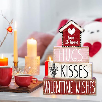 DIYDEC 4Pcs Valentine's Day Table Decoration Valentine House Wooden Block Signs Rustic Valentine Tiered Tray Decor Valentines Day Centerpiece Sign for Farmhouse Holiday Tabletop Home Party Decor