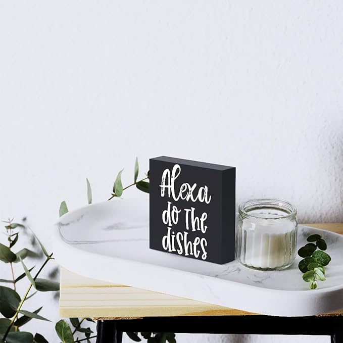 Funny Kitchen Wooden Box Sign Plaque Alexa Do the Dishes Black Wood Box Sign Rustic Art Home Kitchen Shelf Desk Decor 5 x 5 x 1 Inches…