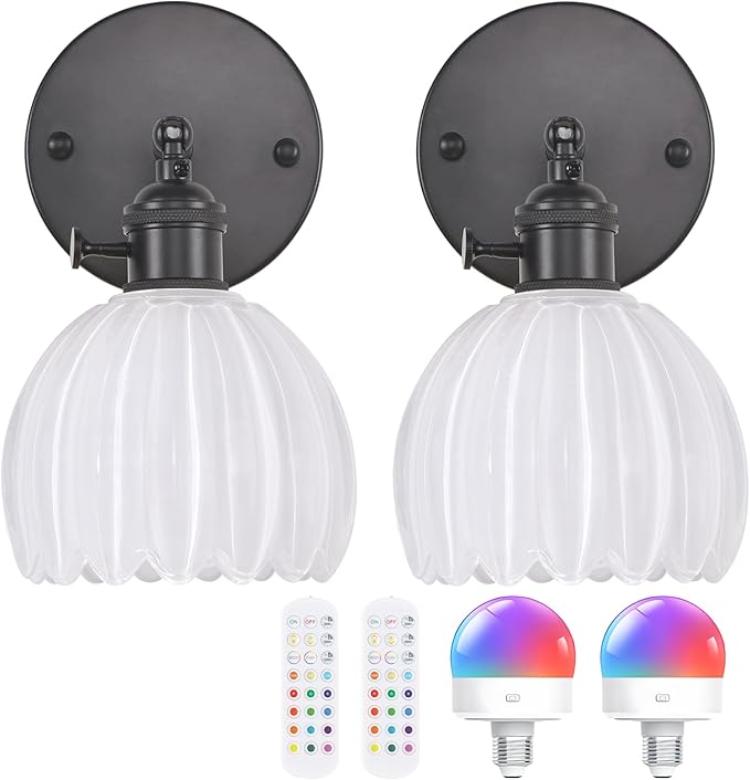 Vintage Battery Operated Wall Sconce with White Tulip Glass Lampshade Rechargeable Battery Powered Black Wall Light with Remote Control for Bedside Bedroom Doorway, Set of 2