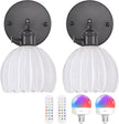 Vintage Battery Operated Wall Sconce with White Tulip Glass Lampshade Rechargeable Battery Powered Black Wall Light with Remote Control for Bedside Bedroom Doorway, Set of 2