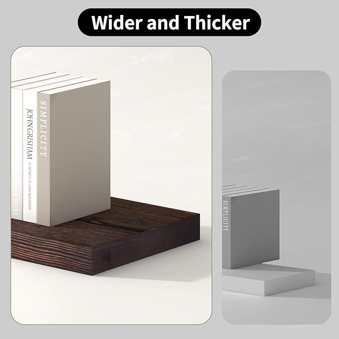 SAUMONIERES Floating Shelves 8 Inch Deep Solid Wood Wide Wall Shelf Set of 2 Wall Mounted for Bedroom Bathroom Living Room Kitchen, 24 Inch Walnut
