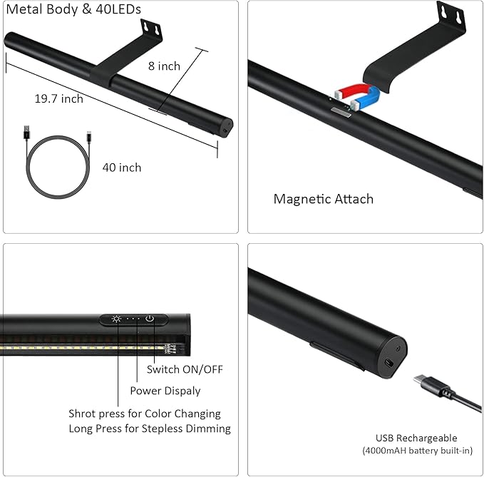 Rechargeable Picture Light Battery Operated,19.7" Wireless Painting Light with Remote Control,Metal Art Display Lamp,3 Modes,Dimmable Dartboard Light with Timer for Frame Picture
