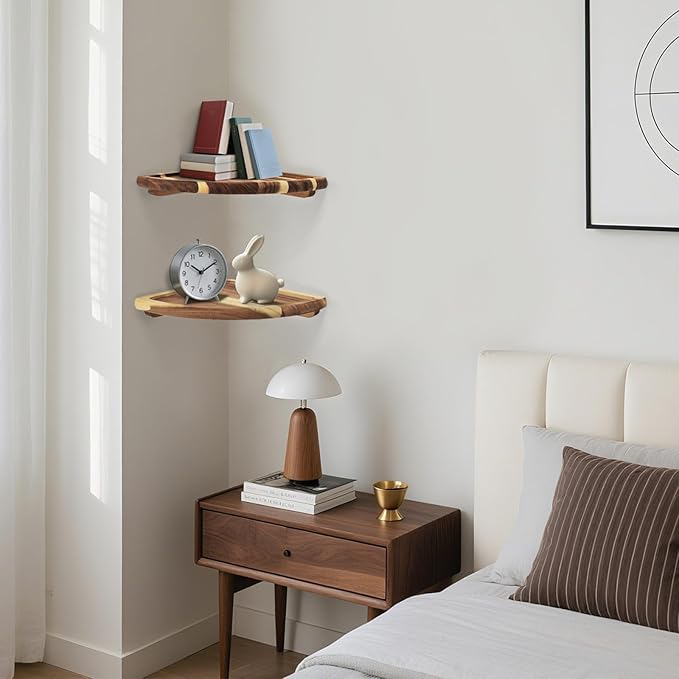 Floating Corner Shelve, 10 Inch Acacia Wood Corner Shelf Set of 2, Corner Shelf wall Mounted for Living Room, Bedroom, Bathroom, Office, Kitchen (Natural Wood Colour)