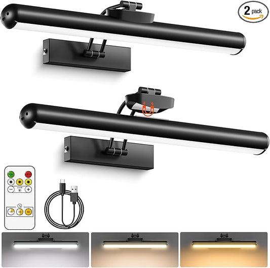 Picture Light for Wall with Remote, Wireless Battery Operated Wall Lights with 3 Colors Dimmable & Timer, 12.6" Rechargeable Metal Wall Sconce for Living Room, Artwork Gallery Display, Black-2Pack