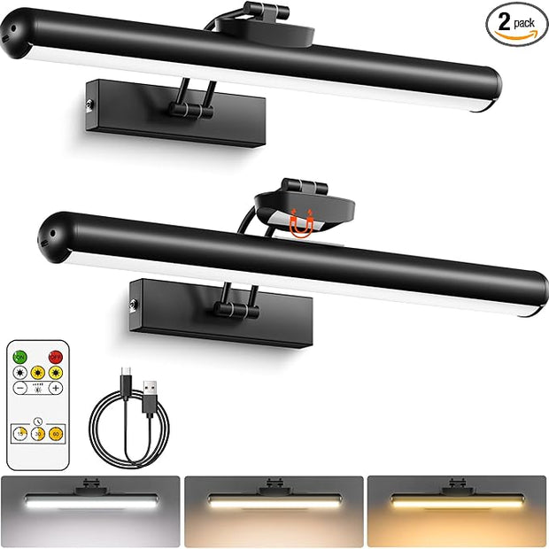 Picture Light for Wall with Remote, Wireless Battery Operated Wall Lights with 3 Colors Dimmable & Timer, 12.6" Rechargeable Metal Wall Sconce for Living Room, Artwork Gallery Display, Black-2Pack
