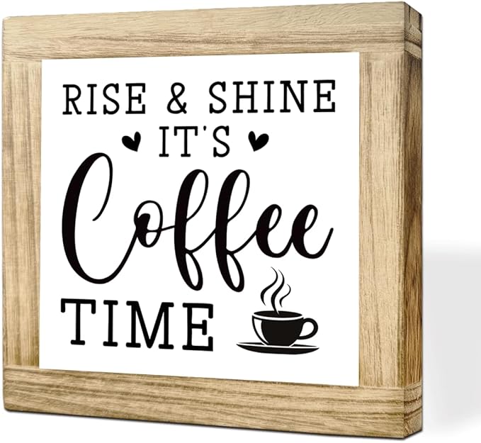 Wooden Coffee Sign Rise & Shine It's Coffee Time Farmhouse Coffees Bar Signs Rustic Wooden Sign Handmade Kitchen Wall Art Coffees Plaque for Home Office Kitchen Decoration 5.9x5.9 inches
