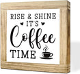 Wooden Coffee Sign Rise & Shine It's Coffee Time Farmhouse Coffees Bar Signs Rustic Wooden Sign Handmade Kitchen Wall Art Coffees Plaque for Home Office Kitchen Decoration 5.9x5.9 inches