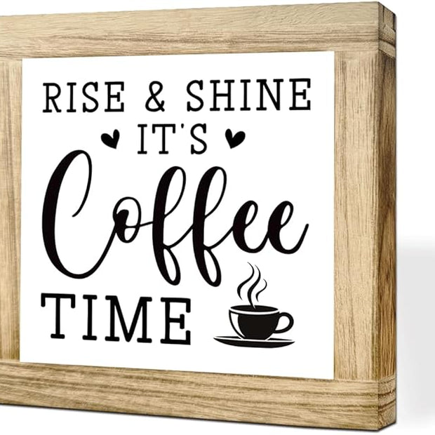 Wooden Coffee Sign Rise & Shine It's Coffee Time Farmhouse Coffees Bar Signs Rustic Wooden Sign Handmade Kitchen Wall Art Coffees Plaque for Home Office Kitchen Decoration 5.9x5.9 inches