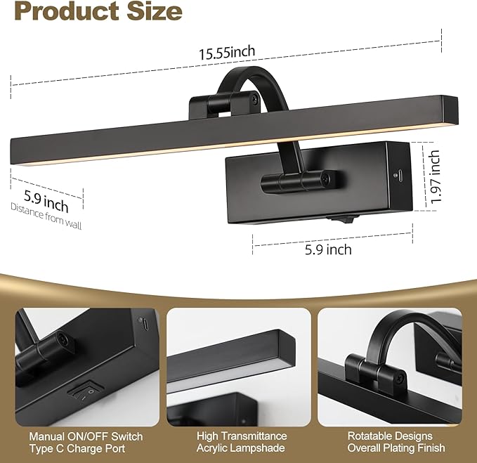 LED Wireless Picture Light with Remote Control,USB Rechargeable Battery Powered Art Lamps,Dimmable,270° Rotate,Timing,15.5 Inch Black Wall Lights for Paintings,Picture Frame,Gallery