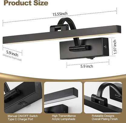 LED Wireless Picture Light with Remote Control,USB Rechargeable Battery Powered Art Lamps,Dimmable,270° Rotate,Timing,15.5 Inch Black Wall Lights for Paintings,Picture Frame,Gallery