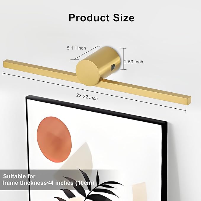 ZitoStory Battery Operated Picture Light for Wall with Remote,Minimalism Wireless Dimmable Art Lights for Paintings Rechargeable Gallery Light Artwork Lighting for Canvas, Portrait (Gold,23'' Inch)