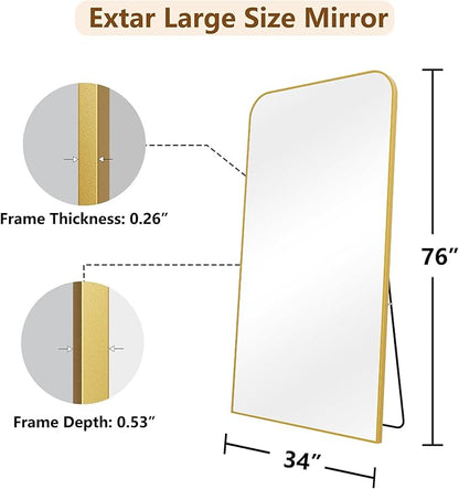 Koonmi Full Length Mirror, 76"x34" Mirror Full Length with Stand, Gold Domed Top Square-Edged Floor Mirror with Aluminum Alloy Frame for Bedroom Living Room