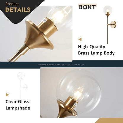 BOKT Glass Globe Wall Sconce Mid Century Modern Glod Wall Light Fixture Bedroom Bedside Bathroom Lighting Brushed Brass Long Pole Nordic Living Room Background Wall Lamp (Clear)