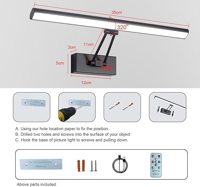 Picture Light, 13.5" Art Light, Black Picture Light Battery Operated,3CCT,Wireless Picture Lights with Remote, Light Over Picture Frame for Wall Painting(Black)