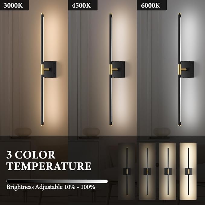 Wall Sconces Set of Two Battery Operated, Wireless USB Rechargeable Wall Lights with Remote, 8000mAh Dimmable LED 3 Color Dimmable Living Room for Bedroom,Hallway,Picture Lamp (30in Black)