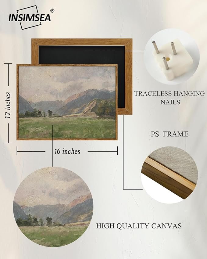InSimSea Framed Canvas Wall Art Vintage Decor, Retro Landscape Canvas Wall Art, Wild Field Pictures for Bathroom Wall Decor, Wall Decorations for Living Room, Dining Room Decor, 12