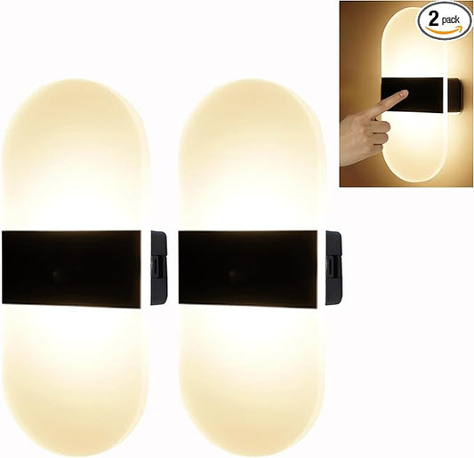 Modern Wall Sconces,2 PCS Acrylic LED Wall Lamps for Living Room Bedroom Hallway,Rechargeable USB Battery Operated,Adjustable Light,Bedside Lights,Touch Control Switch Warm Light(Arc-Shaped)