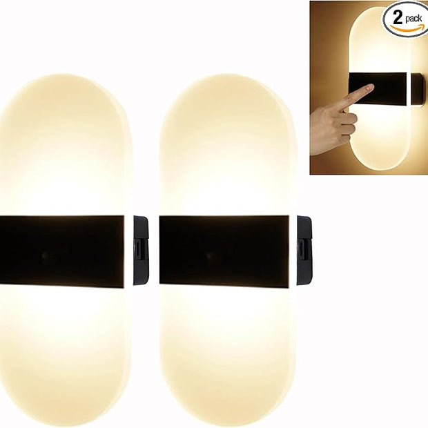 Modern Wall Sconces,2 PCS Acrylic LED Wall Lamps for Living Room Bedroom Hallway,Rechargeable USB Battery Operated,Adjustable Light,Bedside Lights,Touch Control Switch Warm Light(Arc-Shaped)