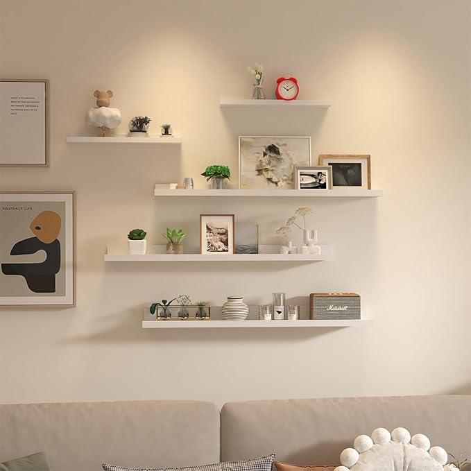Giftgarden 36 Inch Large Floating Shelves for Wall Set of 5, White Wood Wall Shelves for Bathroom, Bedroom, Kitchen, Living Room Storage and Decoration, Wooden Picture Ledge