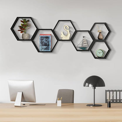 CADUKE Hexagonal Floating Shelves Set of 6 Hexagon Sheves Wall Mount Wood Storage Honeycomb Shelf Farmhouse Wall Decor Shelves for Bedroom Living Room, Black