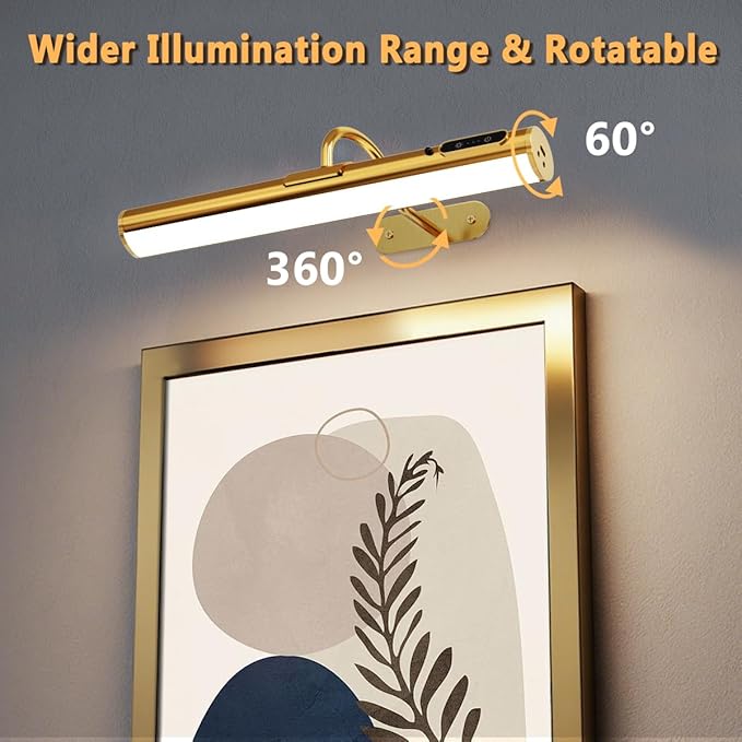 Wireless Rechargeable Picture Light, Battery Operated Art Wall Sconce with Remote Control, Magnetic Dimmable LED Picture Frame Lighting for Paintings Mirror Portrait Gallery Dart Board Indoor - Brass