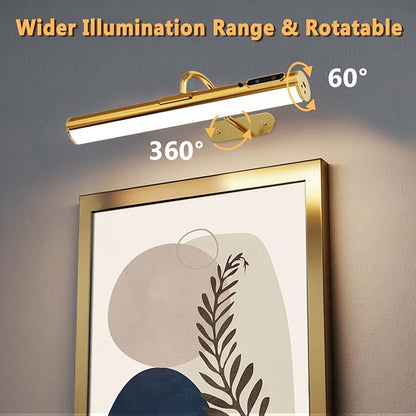 Wireless Rechargeable Picture Light, Battery Operated Art Wall Sconce with Remote Control, Magnetic Dimmable LED Picture Frame Lighting for Paintings Mirror Portrait Gallery Dart Board Indoor - Brass