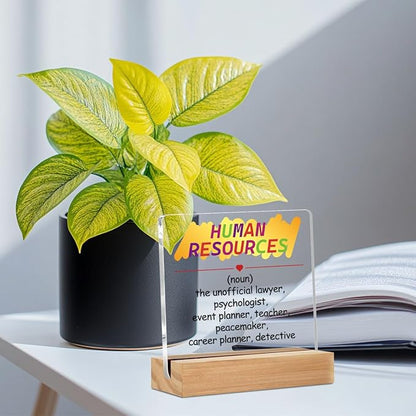 HR Gifts for Men Women HR Appreciation Gifts for Manager Director Human Resources Clear Desk Decorative Sign Acrylic Sign With Wooden Stand for Desk Table Shelf Office Cubicle Decor 4x4 Inch