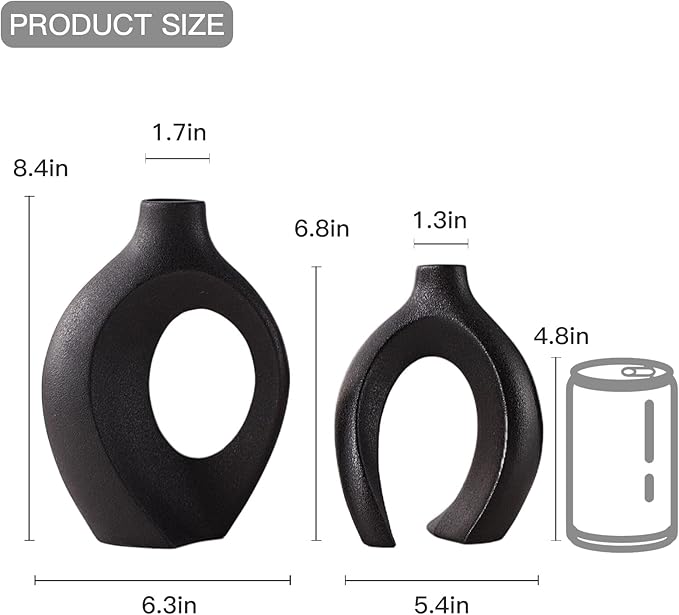 Snuggle Hollow Modern Ceramic Vase Set of 2, Mid Century Nordic Aesthetic Decorative Vase Decorative Vases for Home Table Decor (Matte Black W 6.3