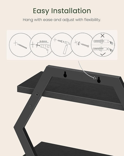 Hexagon Floating Shelves for Wall, Set of 2, 2 -Tier Hanging Shelves, Wall Mounted Storage Shelves, for Living Room, Bedroom, Kitchen, Home Office, Study, Black TBJ06P2BB
