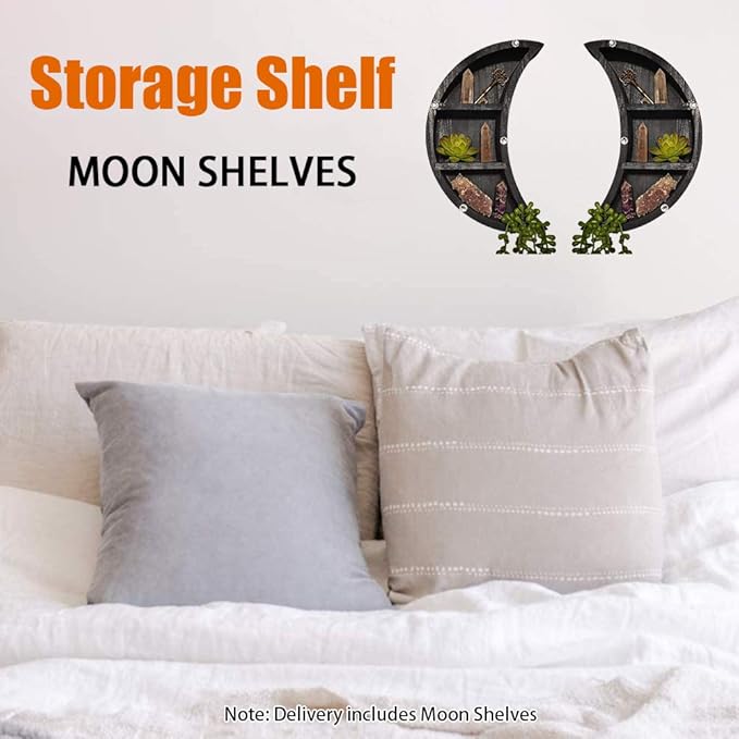 Saycker 2 Pcs Moon Shelves, Wooden Crescents Moon Shelf for Crystal Display, Wall Mounted Moon Shelf Wall Decor, Crystal Display Shelf Floating Shelves, Moon Decor for Living Room(Black)